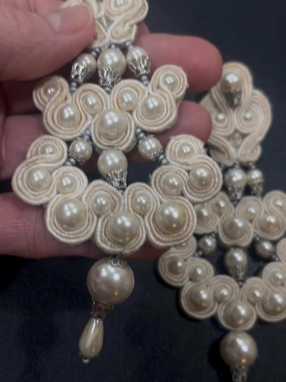 Tory Burch Chandelier Earrings Leather Beaded Ivory Pearl